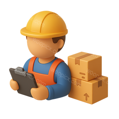 3D Warehouse Worker Icon with Clipboard and Boxes