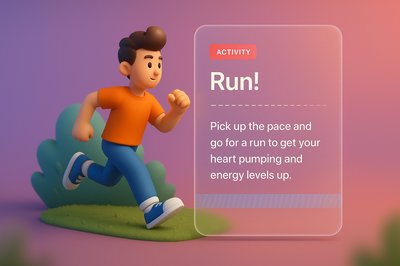 Dynamic 3D Illustration of Running Character with Text Overlay