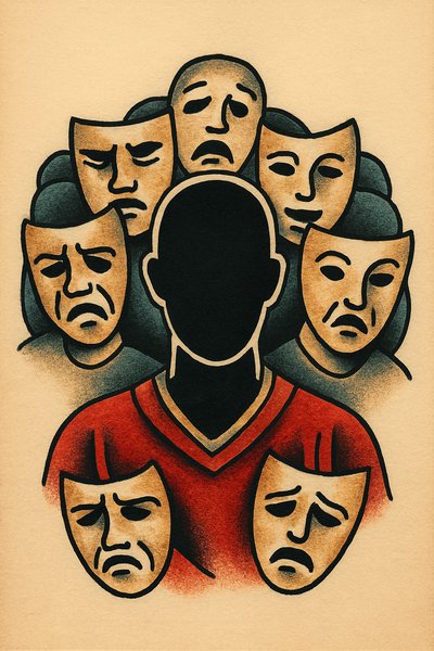 Silhouette in a Crowd of Masks with Tattoo Design