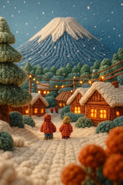 Whimsical Woolen Scene of Mount Fuji in Japan