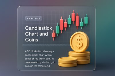 3D Candlestick Chart with Gold Coins Illustration