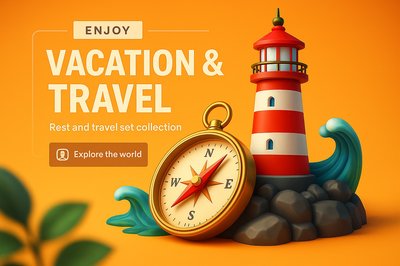 Travel and Vacation Themed Graphic with Lighthouse and Compass