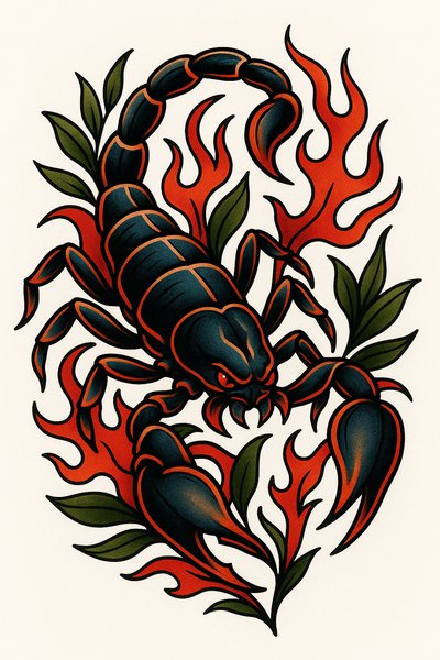 Vibrant Scorpion Tattoo Design with Flames