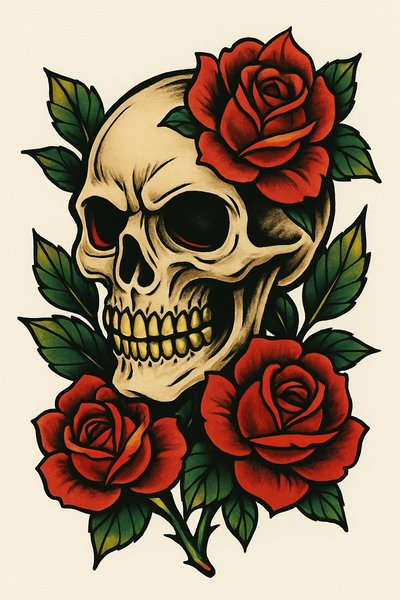 Stylized Skull with Roses Tattoo Design