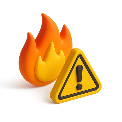 3D Fire Icon with Warning Sign in Volumetric Style
