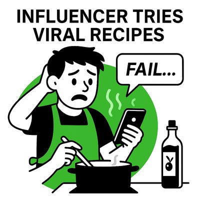 Humorous Illustration of Cooking Fail by Influencer