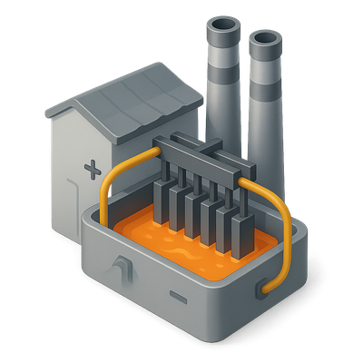 Stylized 3D Factory Icon with Smokestacks and Melting Material