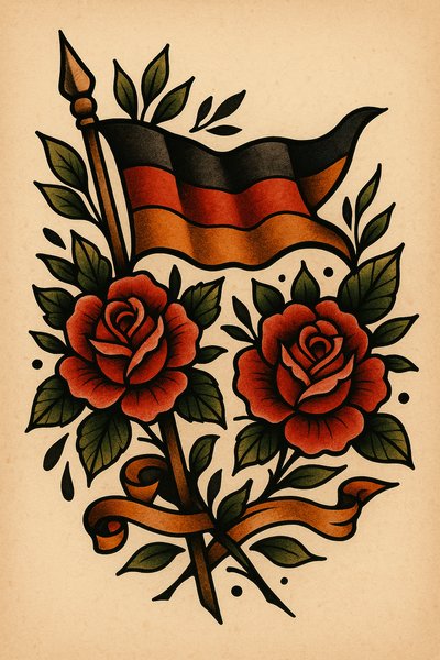 Traditional Tattoo Art Featuring German Flag and Roses