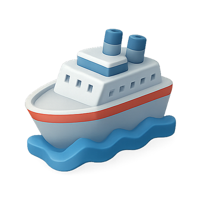 3D Cartoon Style Boat Icon on Waves