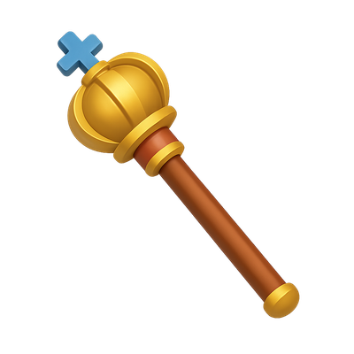 3D Golden Crown and Scepter Icon with Blue Cross