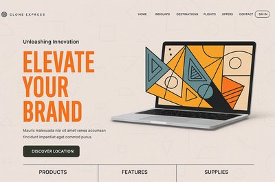 Modern Landing Page Design with Laptop and Geometric Patterns