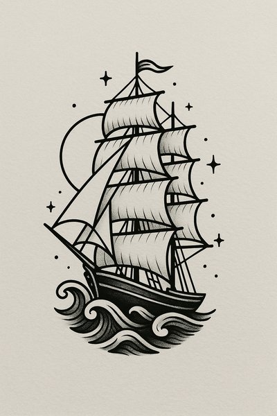 Black and White Tattoo Style Ship Illustration with Waves