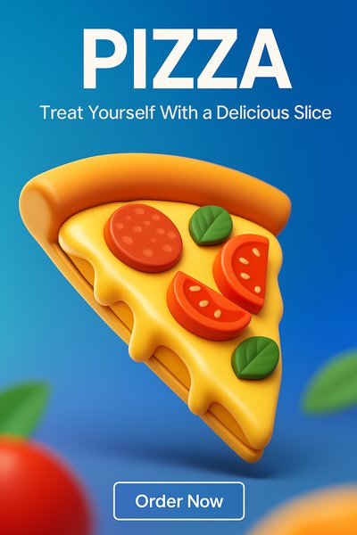 3D Pizza Illustration with Bold Text and Colorful Design