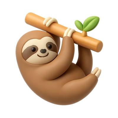 Charming 3D Sloth Icon Hanging from a Branch