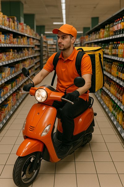 Delivery Rider on Scooter in Grocery Aisle