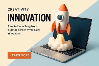 Creative Rocket Launch from Laptop Screen Symbolizing Innovation