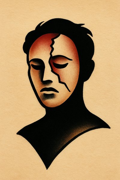 Silhouette with Cracked Mask Artwork in Colorful Tattoo Style