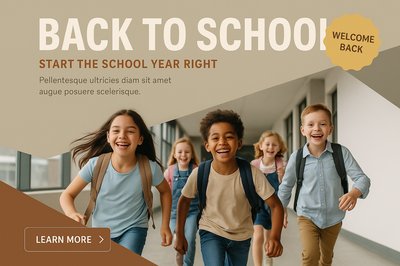 Cheerful Children Running in School Hallway - Back to School Theme