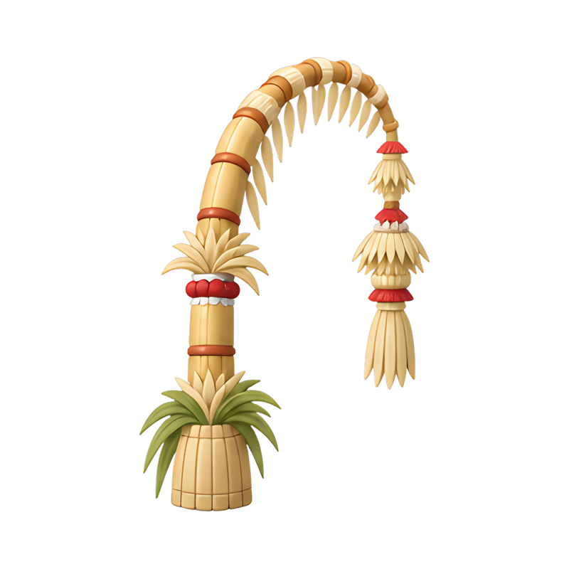 Curved bamboo penjor with palm decor