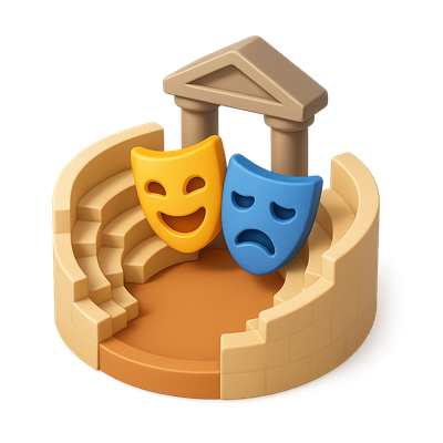 3D Greek Theater Icon with Comedy and Tragedy Masks