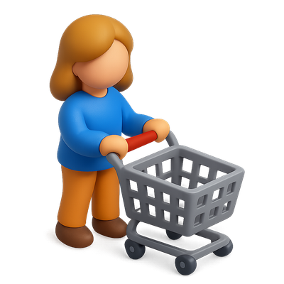 Stylized 3D Shopping Icon Featuring a Woman with a Cart