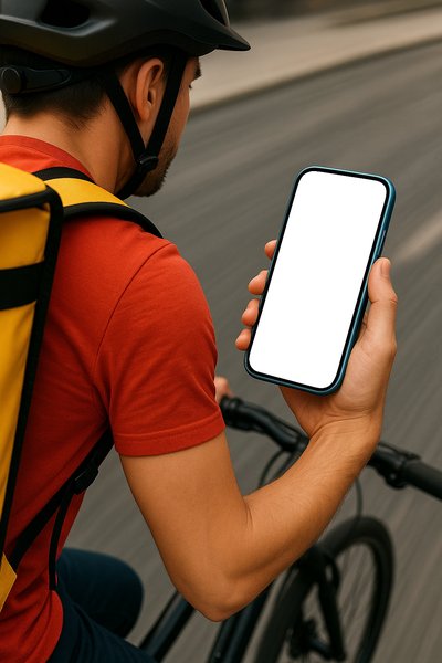 Courier Holding Phone While Riding Bicycle