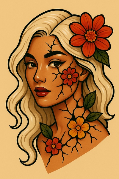 Stylized Portrait of a Girl with Floral Tattoos
