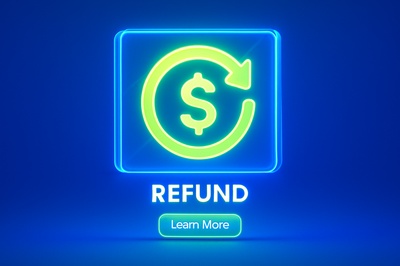 Vibrant Neon Refund Symbol Set Against Blue Background
