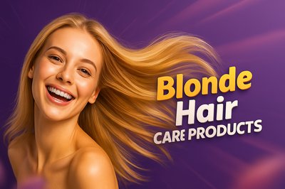 Dynamic Blonde Hair Care Products Banner with Smiling Woman
