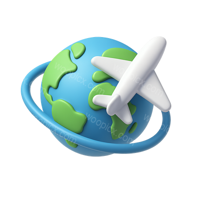 3D Airplane Orbiting a Colorful Planet Icon