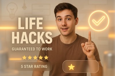 Engaging Life Hacks Promotional Graphic with Rating System