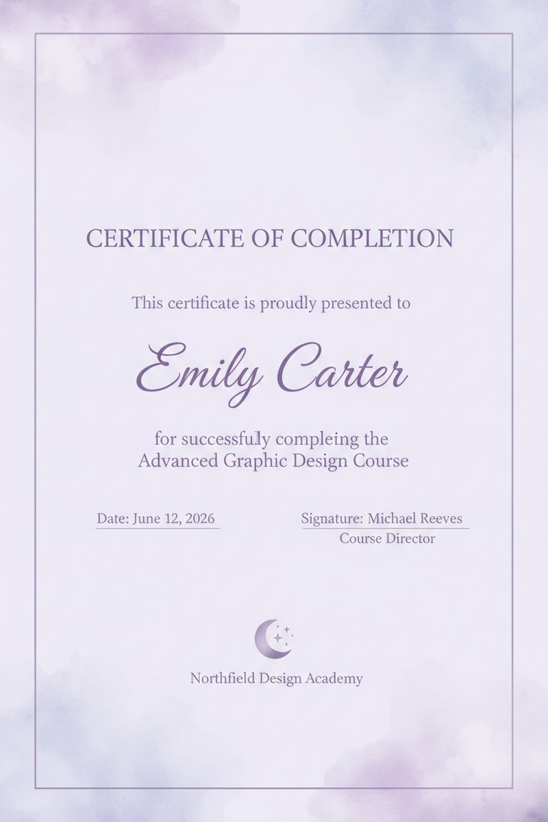 Elegant lavender completion certificate
