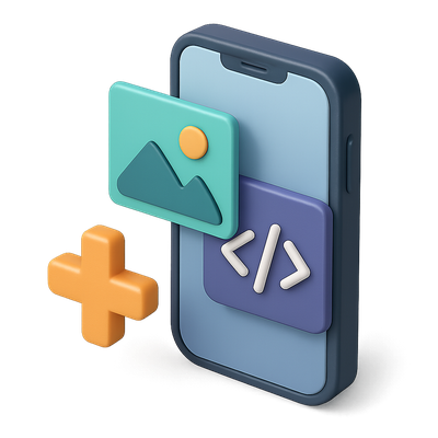 3D Phone Icon with Images and Code Elements