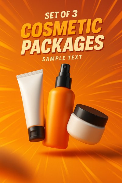 Dynamic Display of Three Cosmetic Packages on Vibrant Background