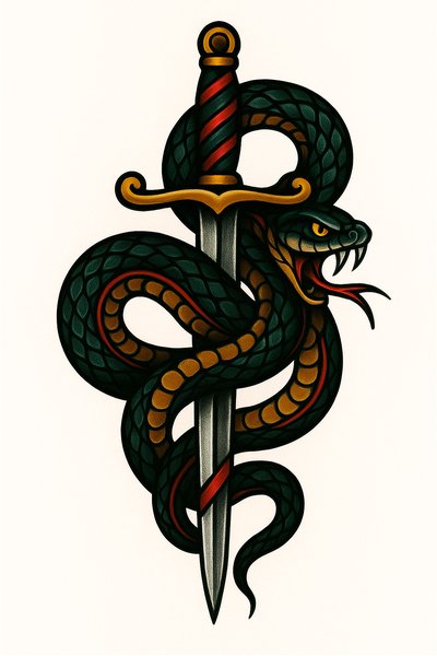 Illustrative Tattoo Design Featuring Snake and Sword