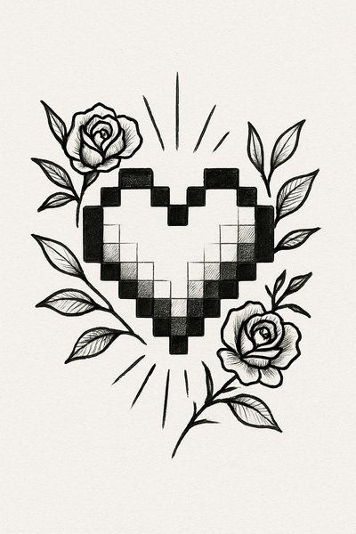 Pixelated Heart Illustration with Roses
