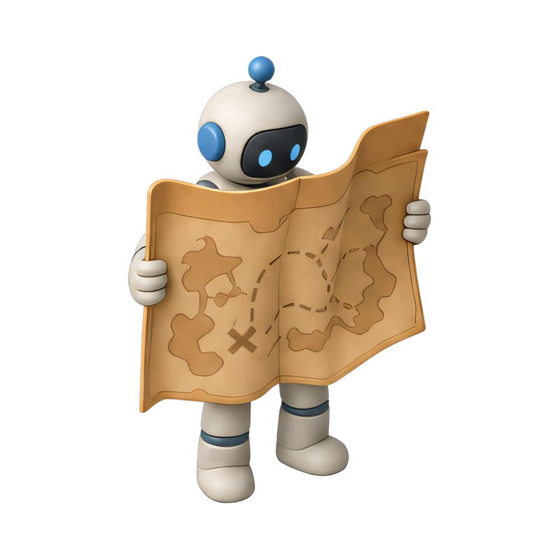 robot exploring a treasure map