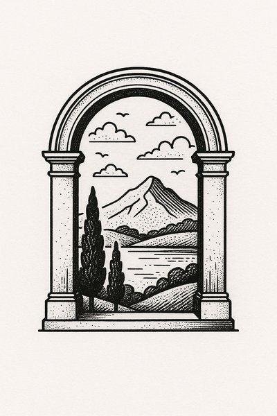 Illustrative Landscape Scene in a Decorative Arch
