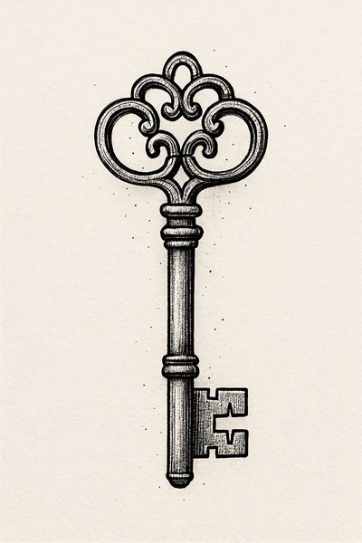 Intricate Vintage Key Illustration in Black and White
