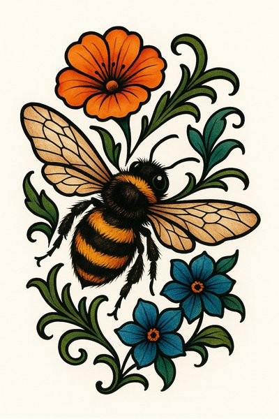 Detailed Illustration of a Bee Surrounded by Flowers