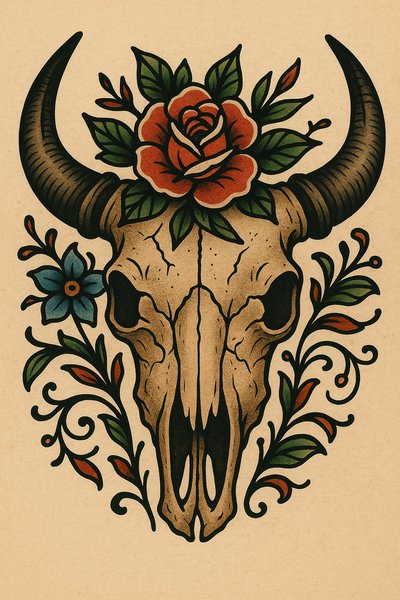 Artistic illustration of a decorated skull with floral elements