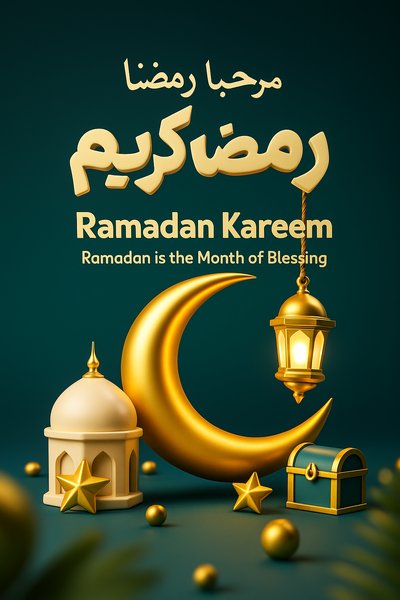 Dynamic 3D Illustration of Ramadan with Arabic Text and Symbols