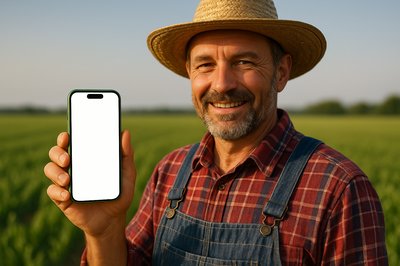 Smiling Farmer Holding a Green Phone in a Field