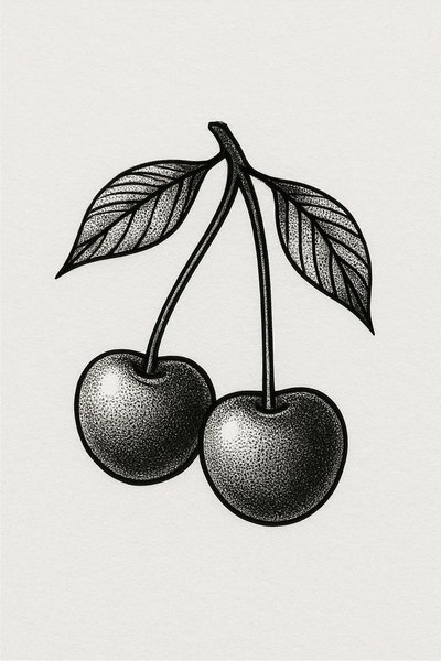 Stylized Illustration of Two Cherries with Leaves