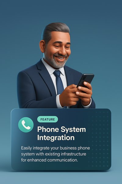 Smiling Businessman with Phone and Innovative Design Features