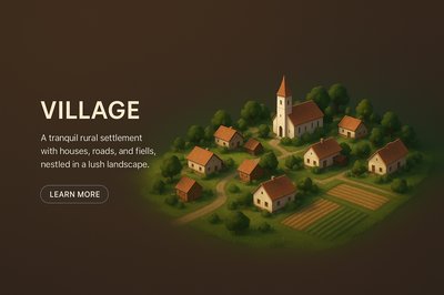 Realistic 3D Village Scene with Tranquil Landscape