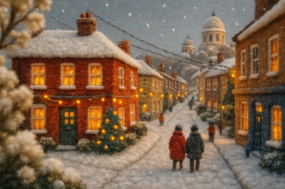 Whimsical London Scene in Snow with Woolen Textures