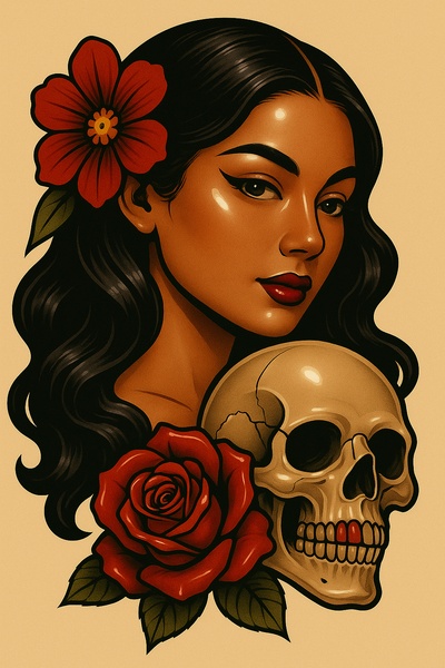 Stylized Tattoo Art of Woman with Skull and Roses