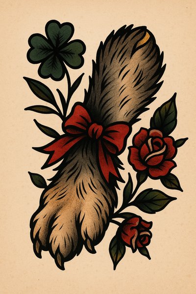 Tattoo-style illustration of a paw with flowers and a bow