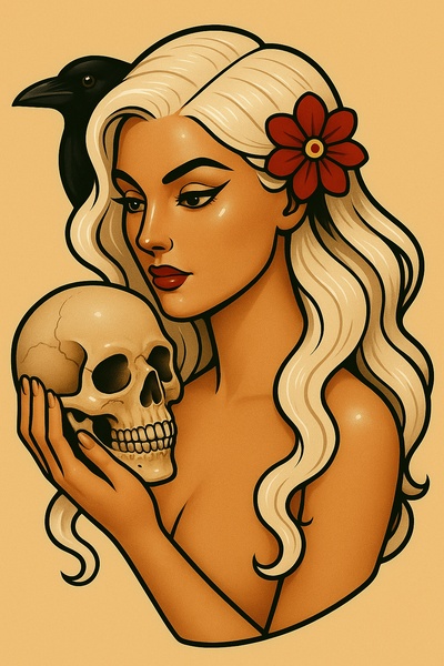 Stylized Woman with Skull and Raven Illustration